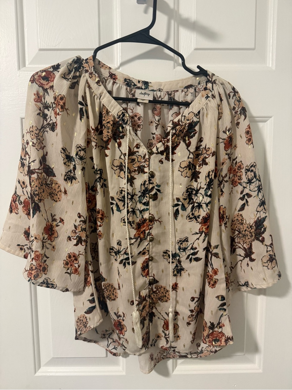 Daytrip Cream Floral Peasant Blouse with Tassel Ties